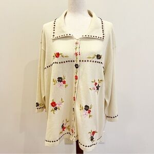 Storybook Knits Cardigan Women 3X Cream Gold Embroidered Floral Sequins Granny